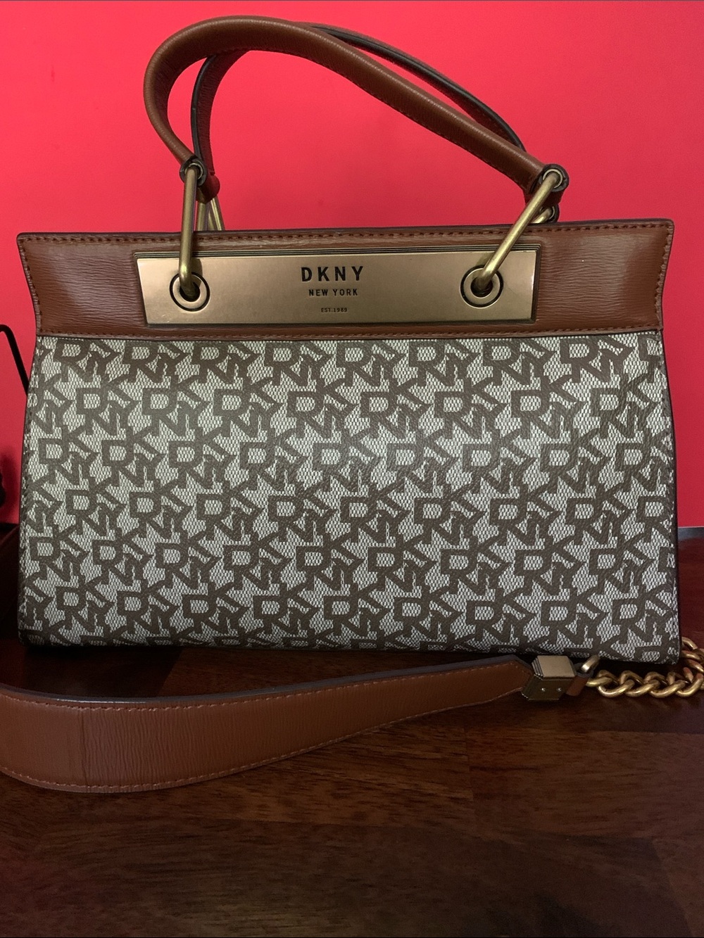 DKNY Brown Logo-Print Satchel with Gold Hardware